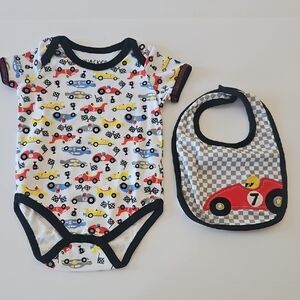 Race Car Print Baby Onesie and Bib Set